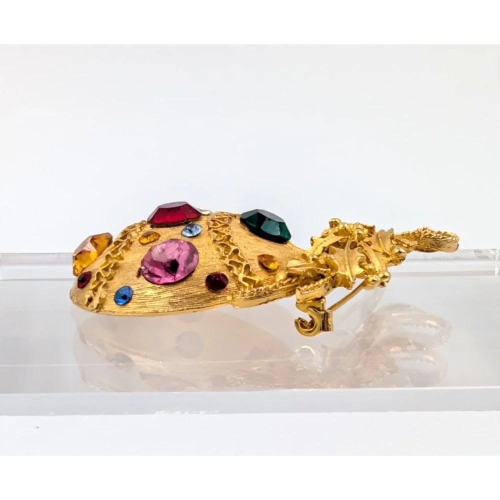 Vintage Gold Tone Ornament Brooch Rhinestone Christmas‎ Ball Statement Piece